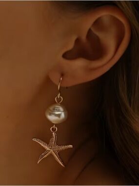 Gold Starfish Drop Earrings with Pearl Accent